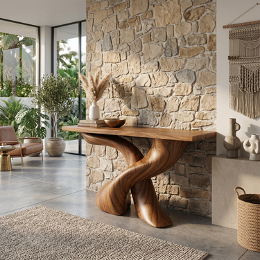 Sculptural Solid Wood Console Table with Twisted Pedestal Base