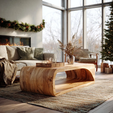 Solid Wood Coffee Table with Curved Hollow Base and Seamless Form