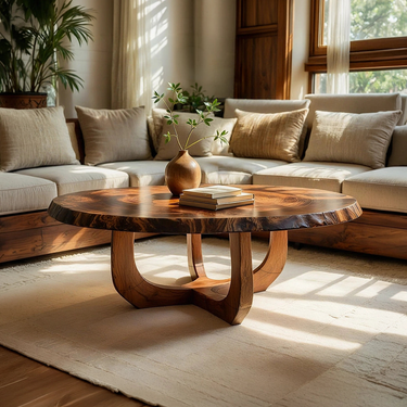 Round Natural Wood Coffee Table with Curved Open Sculptural Base