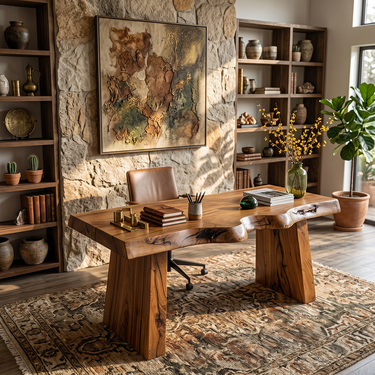 Live Edge Natural Wood Desk with Sculptural Solid Base