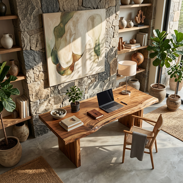 Live Edge Natural Wood Desk with Minimal Panel Base