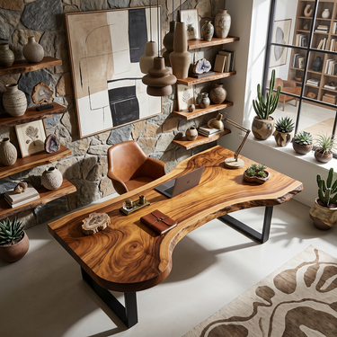Live Edge Executive Desk With Sculpted Top and Metal Base