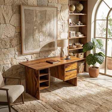 Compact Writing Desk With Drawer Storage and Open Shelving