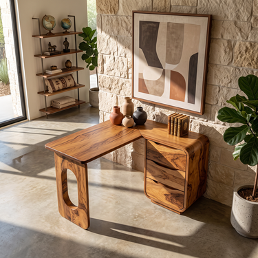 Organic Corner Desk With Sculptural Panel and Drawer Storage