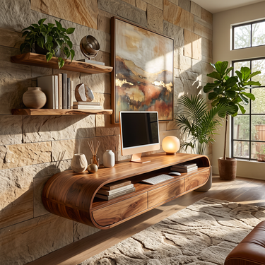 Curved Solid Wood Floating Desk with Drawer and Open Shelf