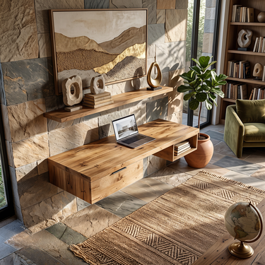 Minimalist Solid Wood Floating Corner Desk with Shelf and Storage