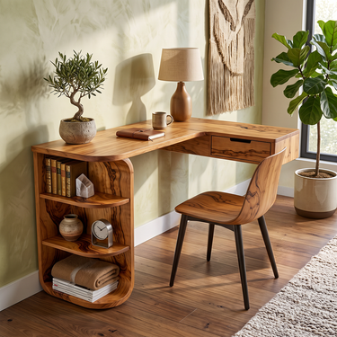 Small Corner Writing Desk With Floating Drawer and Shelves