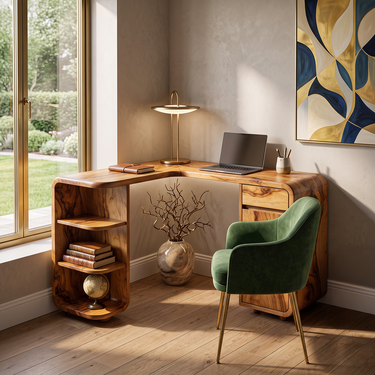 Compact Corner Desk With Cabinet Storage and Open Shelves