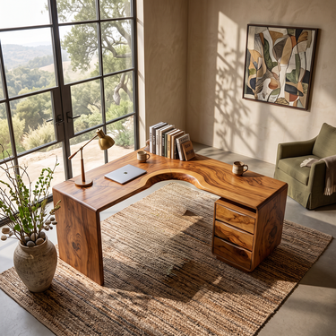 Organic Corner Desk With Integrated Drawer Pedestal
