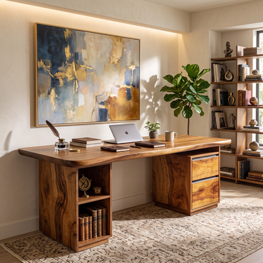 Modern Writing Desk With Drawer Pedestal and Open Shelf Storage