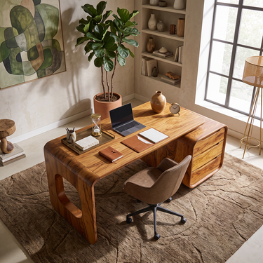 Waterfall Executive Desk With Sculptural Panel and Drawer Pedestal