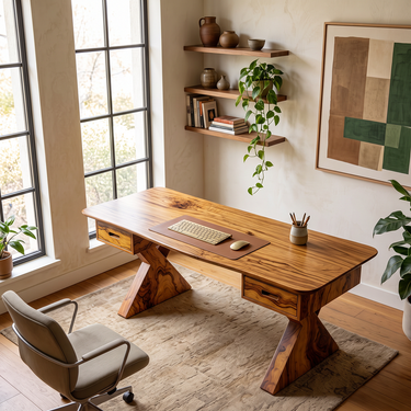 Modern Writing Desk With Dual Drawer Trestle Base