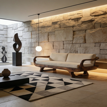 Curved Wood Frame Sofa With Open Sculptural Base
