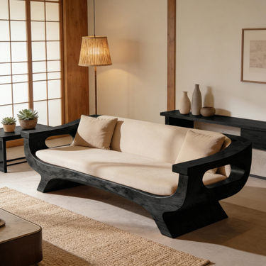 Organic Sculptural Sofa With Carved Open Arm Frame