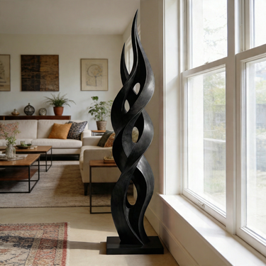 Contemporary Twisting Flame Wood Sculpture Floor Art