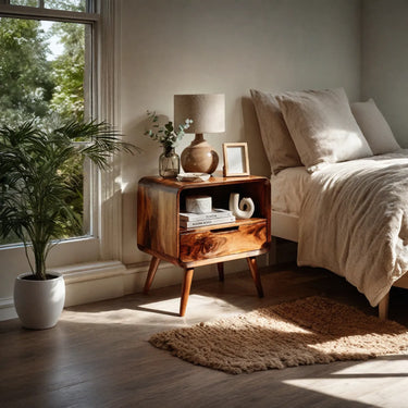 Mid-Century Solid Wood Nightstand With Drawer And Open Shelf