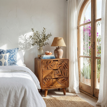 Carved Solid Wood Nightstand With Three Drawer Leaf Design