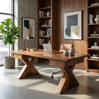 Modern Writing Desk With Dual Drawer Trestle Base