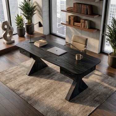 Modern Writing Desk With Dual Drawer Trestle Base