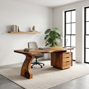 Sculptural Writing Desk With Waterfall Leg and Drawer Pedestal