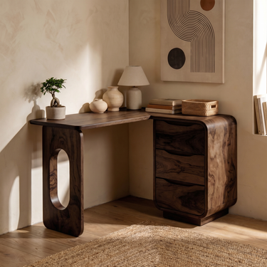 Organic Corner Desk With Sculptural Panel and Drawer Storage