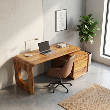 Waterfall Executive Desk With Sculptural Panel and Drawer Pedestal