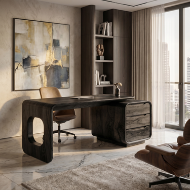 Waterfall Executive Desk With Sculptural Panel and Drawer Pedestal