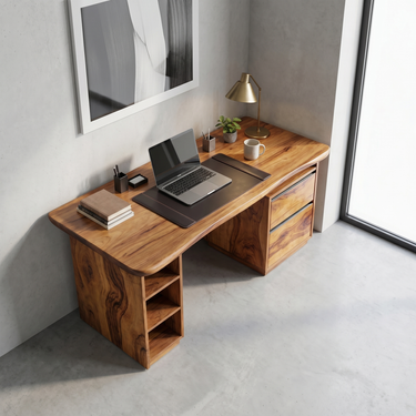 Modern Writing Desk With Drawer Pedestal and Open Shelf Storage