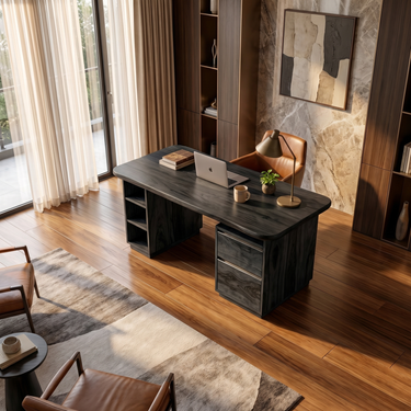 Modern Writing Desk With Drawer Pedestal and Open Shelf Storage