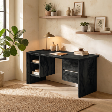 Minimalist Writing Desk With Floating Drawers and Open Shelves