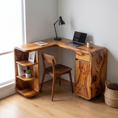 Compact Corner Desk With Cabinet Storage and Open Shelves