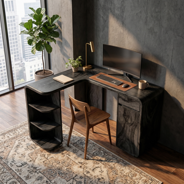 Compact Corner Desk With Cabinet Storage and Open Shelves