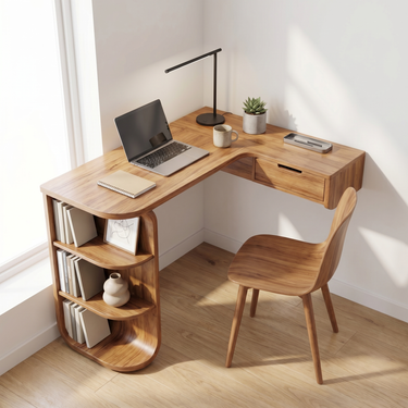 Small Corner Writing Desk With Floating Drawer and Shelves