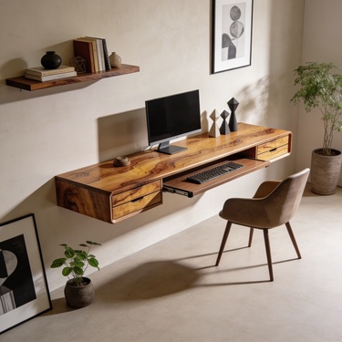 Floating Wall Mounted Desk With Drawers and Keyboard Tray