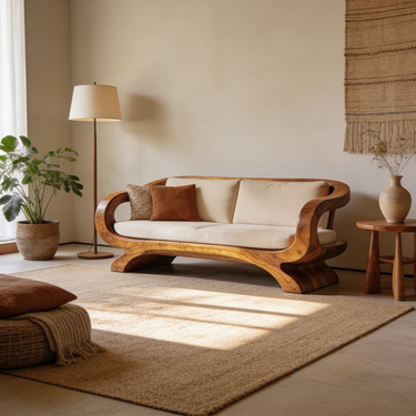 Sculptural Wood Frame Sofa With Flowing Curved Arms