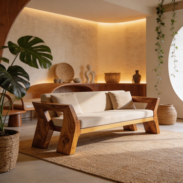 Sculptural Wood Sofa With Angled Open Frame Arms