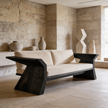 Architectural Wood Frame Sofa With Sculpted Panel Arms