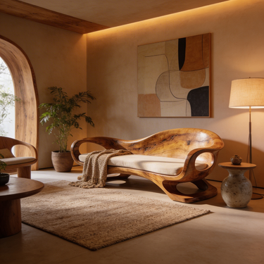 Organic Wave Wood Sofa With Sculptural Open Base