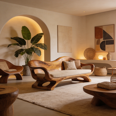 Sculptural Wave Wood Sofa With Open Carved Base