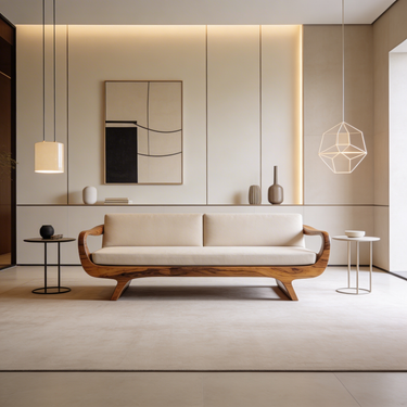 Curved Wood Frame Sofa With Open Sculptural Base
