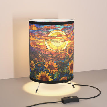 Sunflower Field Sunset Table Desk Lamp | Stained Glass Effect Sunrise Landscape | Colorful Home Accent Lighting | Orange Gree
