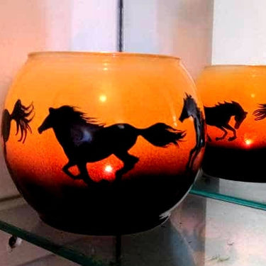Running horses hand painted one candle holder sunset color