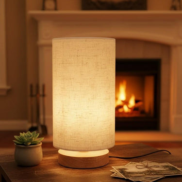 Handcrafted Minimalist Bedside Lamp with Flax Linen Shade &amp; Warm Glow