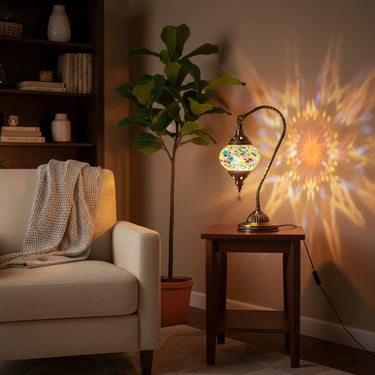 Handcrafted Turkish Mosaic Glass Table Lamp with Bronze Swan Neck