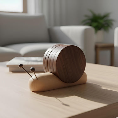 Wooden Snail Cup Coaster Holder – Heat Resistant Wooden Mug Mat Set, Table Decor &amp; Gift