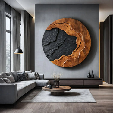 Abstract Landscape Solid Wood Wall Sculpture Round Modern Wood Wall Art Panel