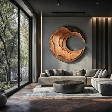 Abstract Crescent Ring Solid Wood Wall Sculpture Modern Round Wood Wall Art