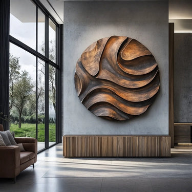 Carved Solid Wood Round Wall Sculpture for Modern Luxury Decor