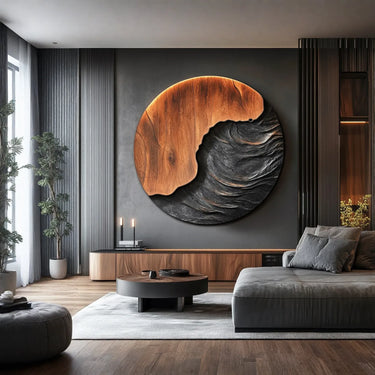 Abstract Ocean Wave Solid Wood Wall Sculpture Round Modern Wood Wall Art