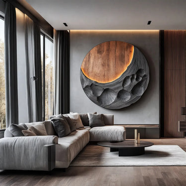 Abstract Solid Wood Moon Wall Sculpture Modern Carved Wood Wall Art Round Panel